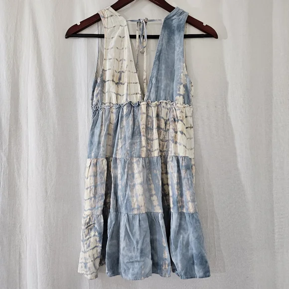 Millibon V-Neck Tie-Dye Tiered Mini Dress in Blue/Cream/Off-White Women’s Size S - Picture 5 of 7